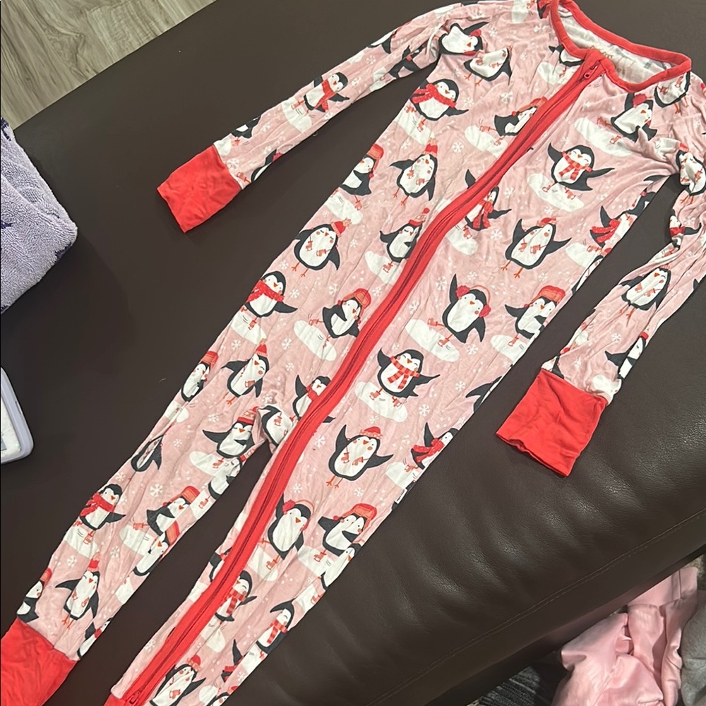 Penguin Print Kids One Piece Pajama - Pink and Red